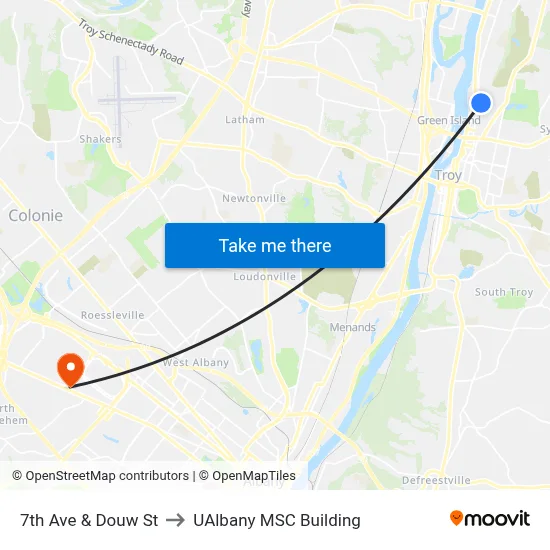 7th Ave & Douw St to UAlbany MSC Building map