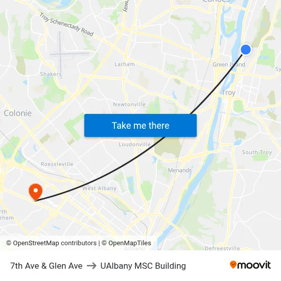 7th Ave & Glen Ave to UAlbany MSC Building map