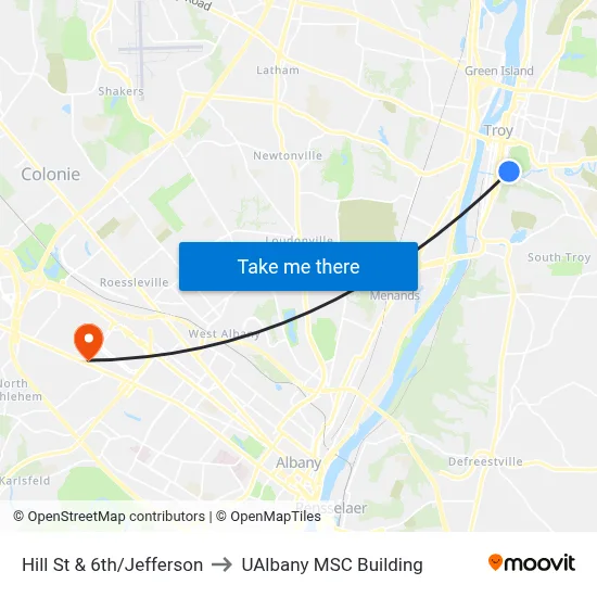 Hill St & 6th/Jefferson to UAlbany MSC Building map