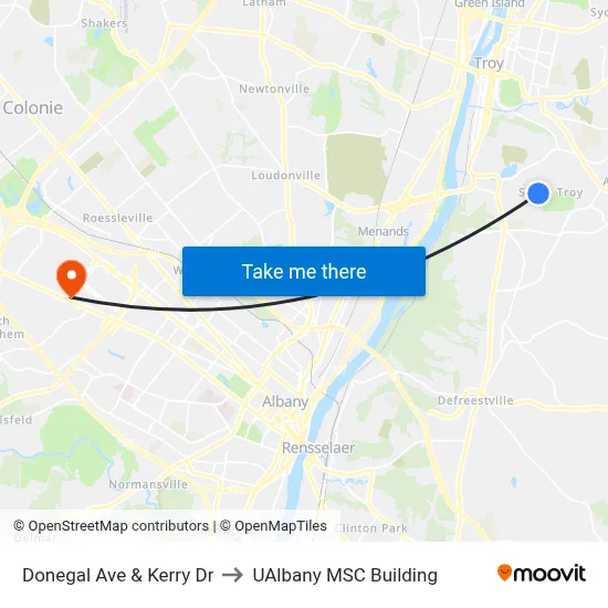 Donegal Ave & Kerry Dr to UAlbany MSC Building map