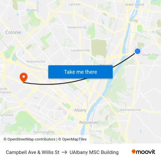 Campbell Ave & Willis St to UAlbany MSC Building map