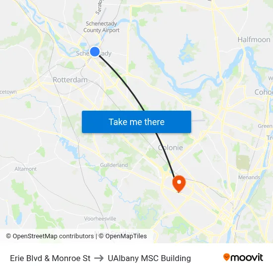 Erie Blvd & Monroe St to UAlbany MSC Building map