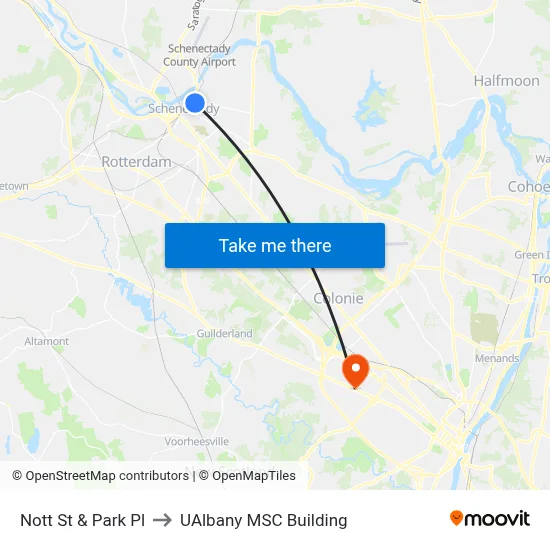 Nott St & Park Pl to UAlbany MSC Building map