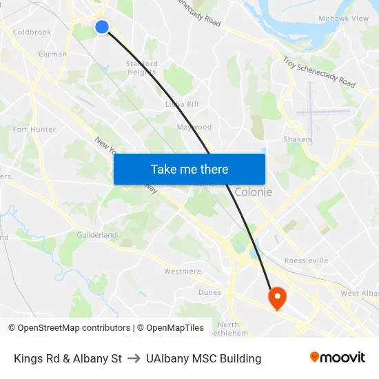 Kings Rd & Albany St to UAlbany MSC Building map