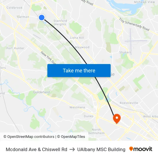 Mcdonald Ave & Chiswell Rd to UAlbany MSC Building map