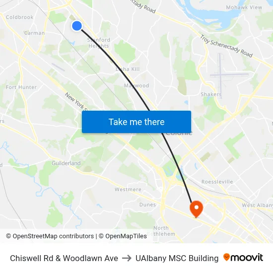 Chiswell Rd & Woodlawn Ave to UAlbany MSC Building map