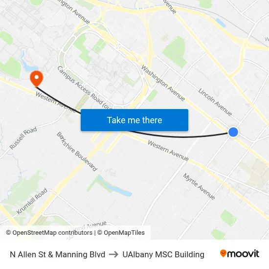 N Allen St & Manning Blvd to UAlbany MSC Building map