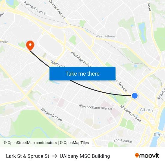 Lark St & Spruce St to UAlbany MSC Building map
