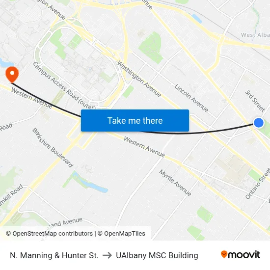 N. Manning & Hunter St. to UAlbany MSC Building map