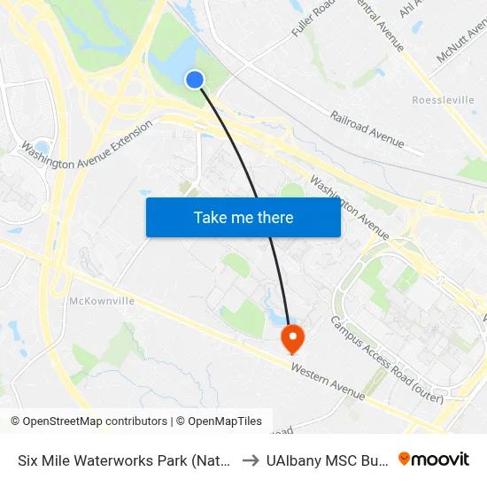 Six Mile Waterworks Park (Nature Bus) to UAlbany MSC Building map