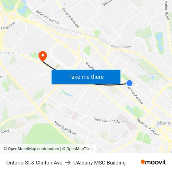 Ontario St & Clinton Ave to UAlbany MSC Building map