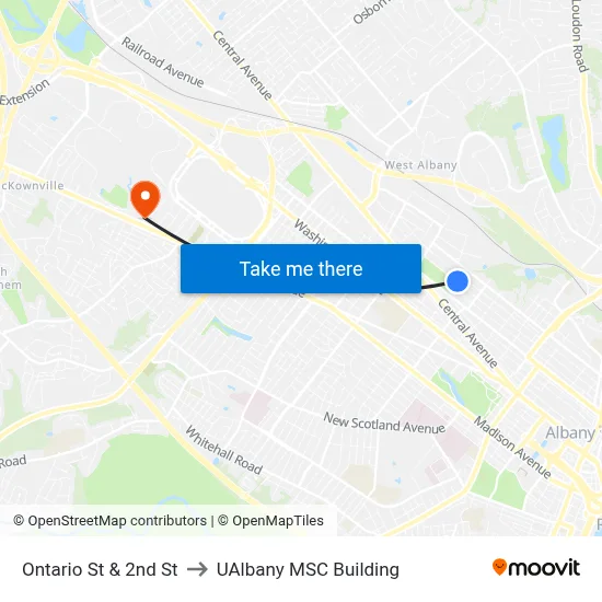 Ontario St & 2nd St to UAlbany MSC Building map