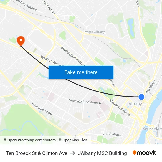 Ten Broeck St & Clinton Ave to UAlbany MSC Building map