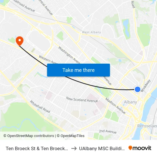 Ten Broeck St & Ten Broeck Pl to UAlbany MSC Building map
