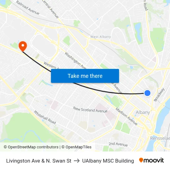 Livingston Ave & N. Swan St to UAlbany MSC Building map