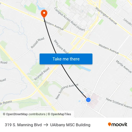 319 S. Manning Blvd to UAlbany MSC Building map
