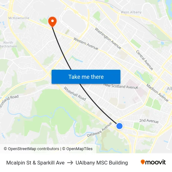 Mcalpin St & Sparkill Ave to UAlbany MSC Building map
