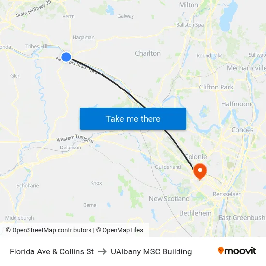 Florida Ave & Collins St to UAlbany MSC Building map