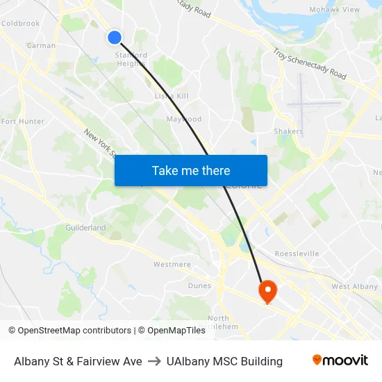 Albany St & Fairview Ave to UAlbany MSC Building map
