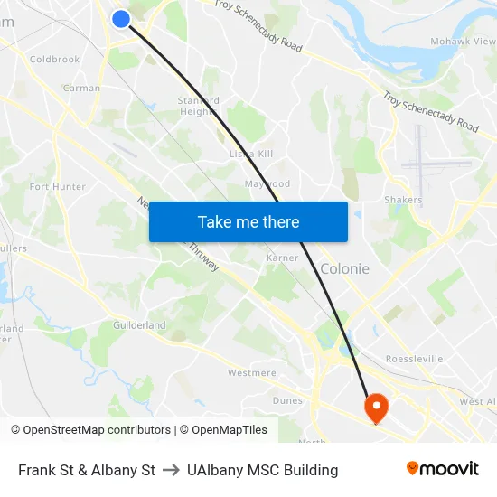 Frank St & Albany St to UAlbany MSC Building map
