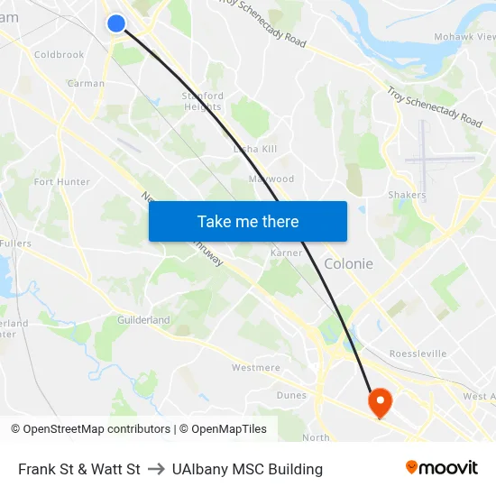 Frank St & Watt St to UAlbany MSC Building map