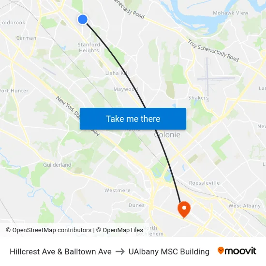 Hillcrest Ave & Balltown Ave to UAlbany MSC Building map