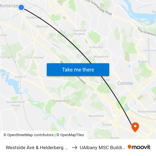 Westside Ave & Helderberg Ave to UAlbany MSC Building map