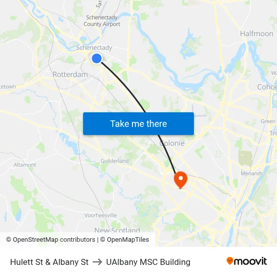 Hulett St & Albany St to UAlbany MSC Building map