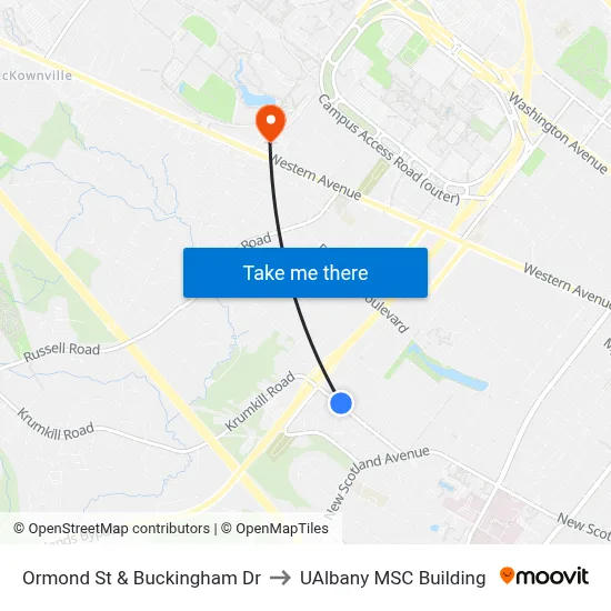 Ormond St & Buckingham Dr to UAlbany MSC Building map