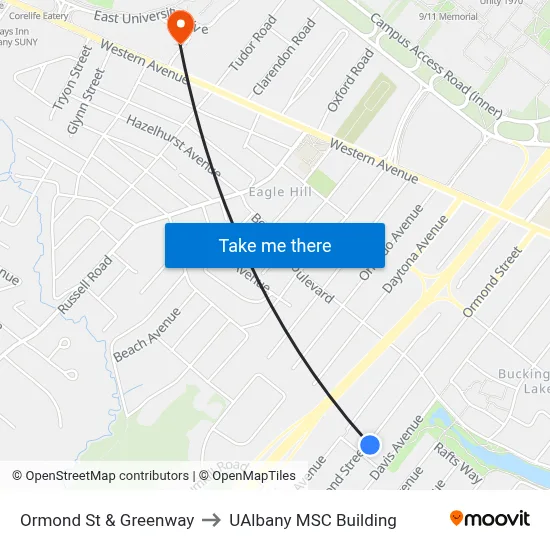 Ormond St & Greenway to UAlbany MSC Building map