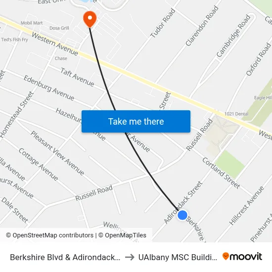 Berkshire Blvd & Adirondack St to UAlbany MSC Building map