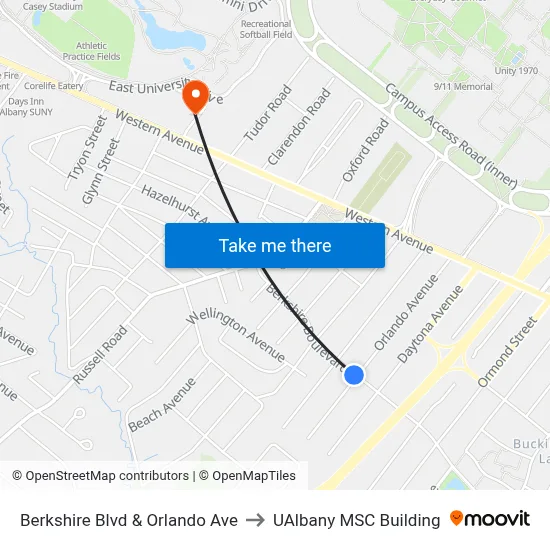 Berkshire Blvd & Orlando Ave to UAlbany MSC Building map