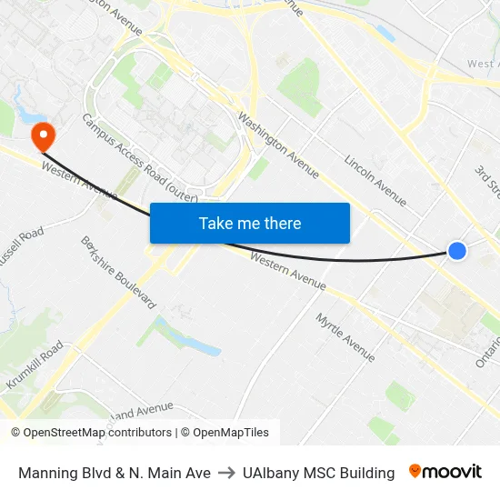 Manning Blvd & N. Main Ave to UAlbany MSC Building map