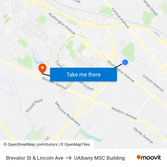 Brevator St & Lincoln Ave to UAlbany MSC Building map
