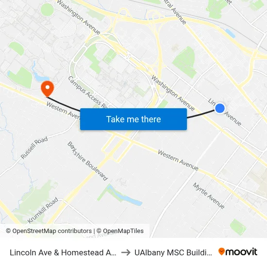 Lincoln Ave & Homestead Ave to UAlbany MSC Building map