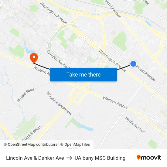 Lincoln Ave & Danker Ave to UAlbany MSC Building map