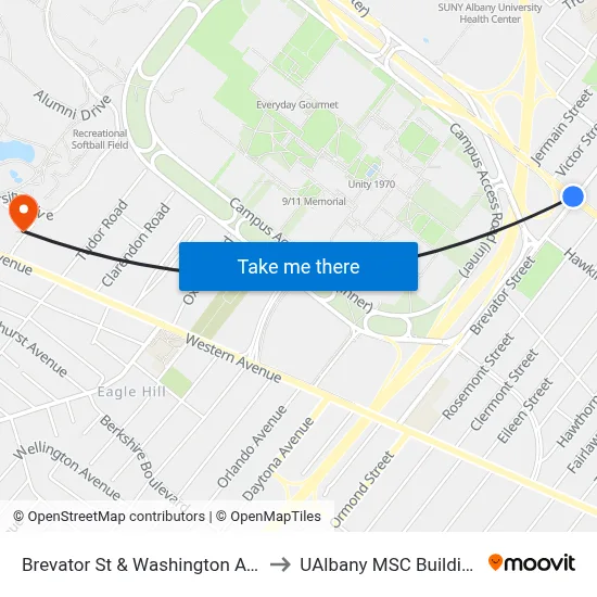 Brevator St & Washington Ave to UAlbany MSC Building map
