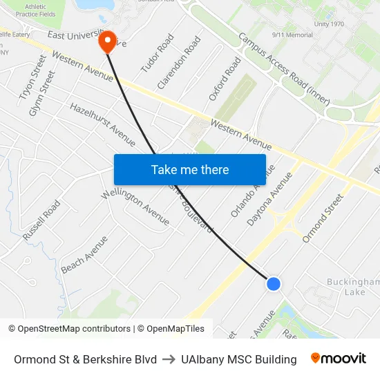 Ormond St & Berkshire Blvd to UAlbany MSC Building map