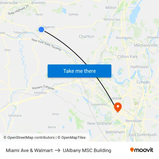 Miami Ave & Walmart to UAlbany MSC Building map