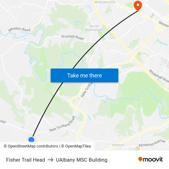 Fisher Trail Head to UAlbany MSC Building map