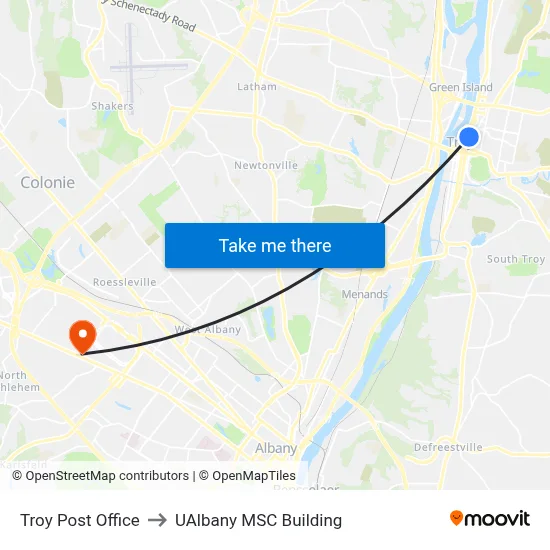 Troy Post Office to UAlbany MSC Building map