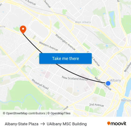 Albany-State Plaza to UAlbany MSC Building map