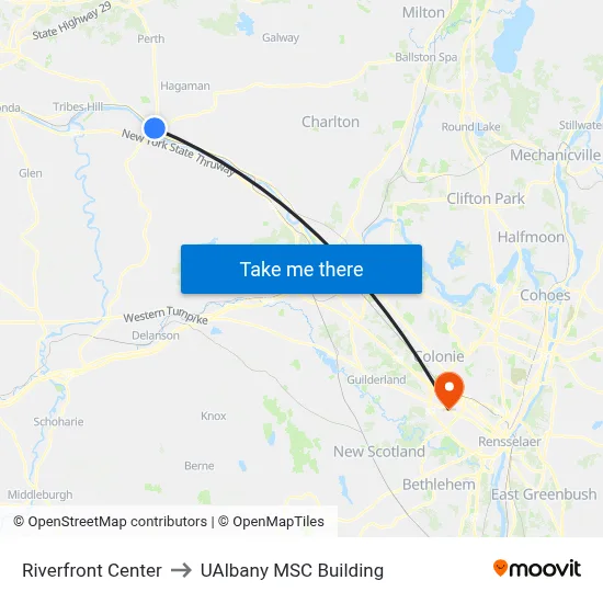 Riverfront Center to UAlbany MSC Building map