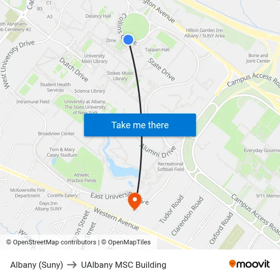 Albany (Suny) to UAlbany MSC Building map