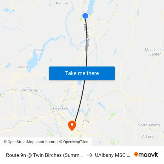 Route 9n @ Twin Birches (Summer Trolley Only) to UAlbany MSC Building map
