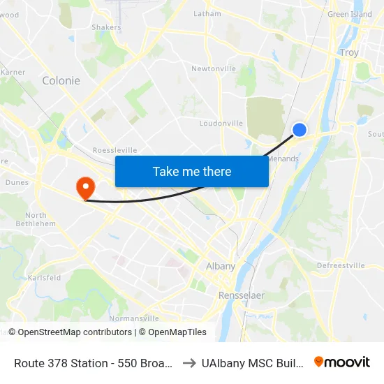 Route 378 Station - 550 Broadway to UAlbany MSC Building map