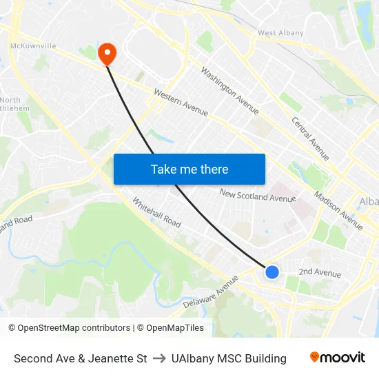 Second Ave & Jeanette St to UAlbany MSC Building map