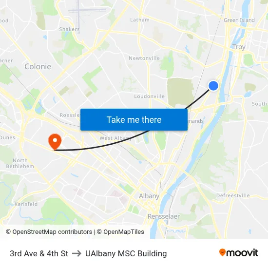 3rd Ave & 4th St to UAlbany MSC Building map