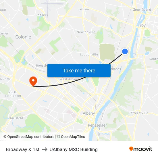 Broadway & 1st to UAlbany MSC Building map