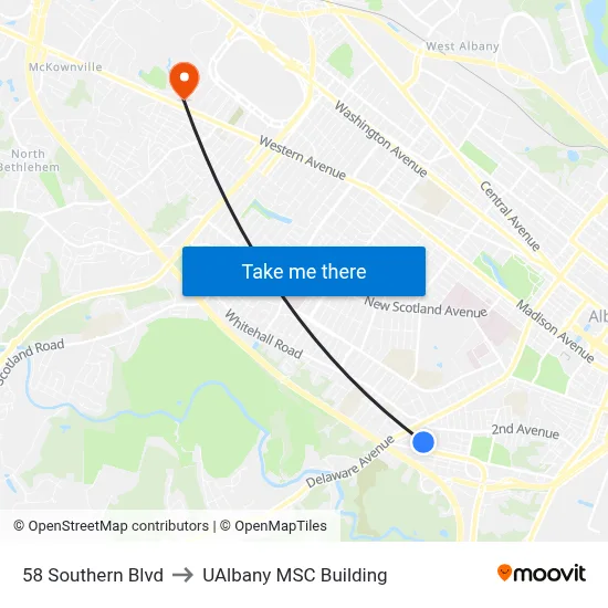 58 Southern Blvd to UAlbany MSC Building map